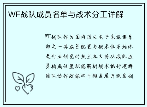 WF战队成员名单与战术分工详解